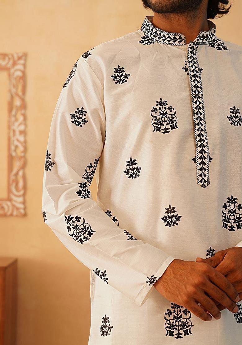 White Embroidered Silk Kurta With Dupatta For Men - Indya
