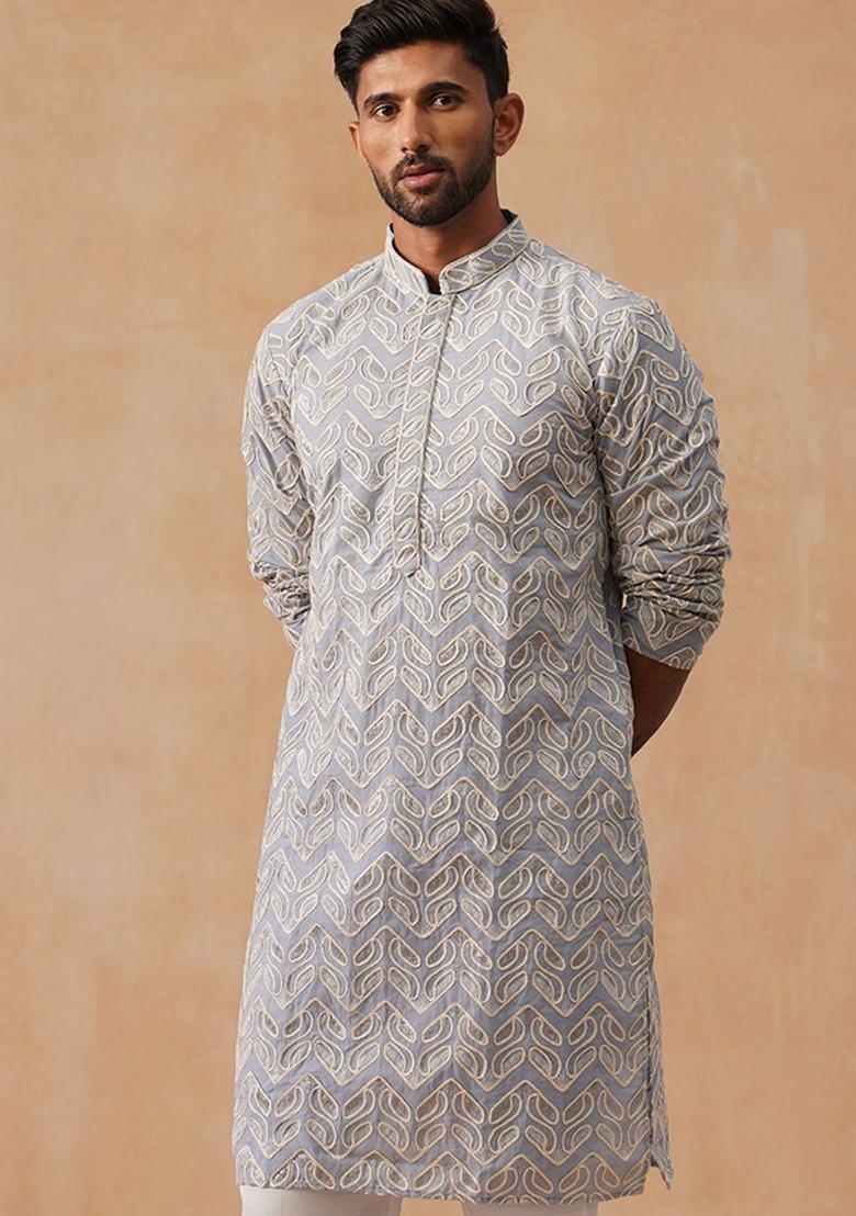 Grey Embroidered Silk Kurta For Men - Indya