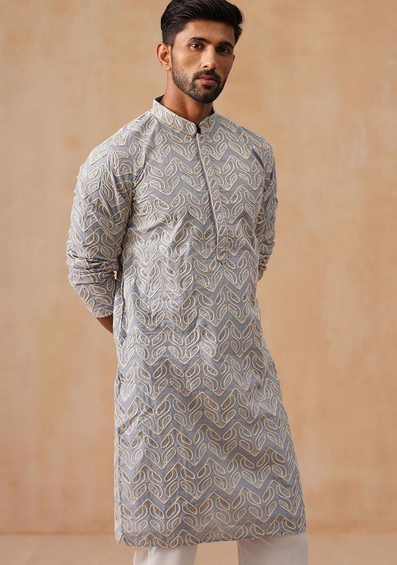 Grey Embroidered Silk Kurta For Men - Indya