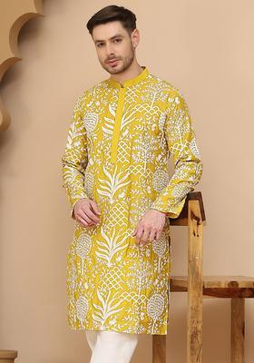 Yellow Embroidered Silk Kurta For Men