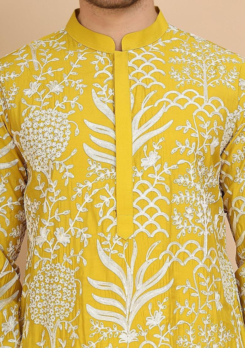 Yellow Embroidered Silk Kurta For Men - Indya
