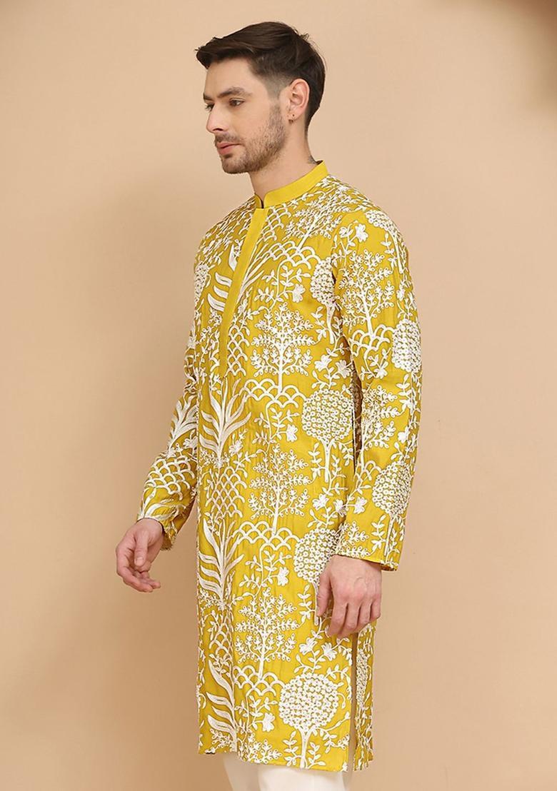 Yellow Embroidered Silk Kurta For Men - Indya