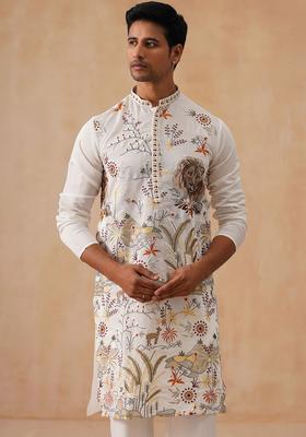 White Woven Design Cotton Kurta For Men