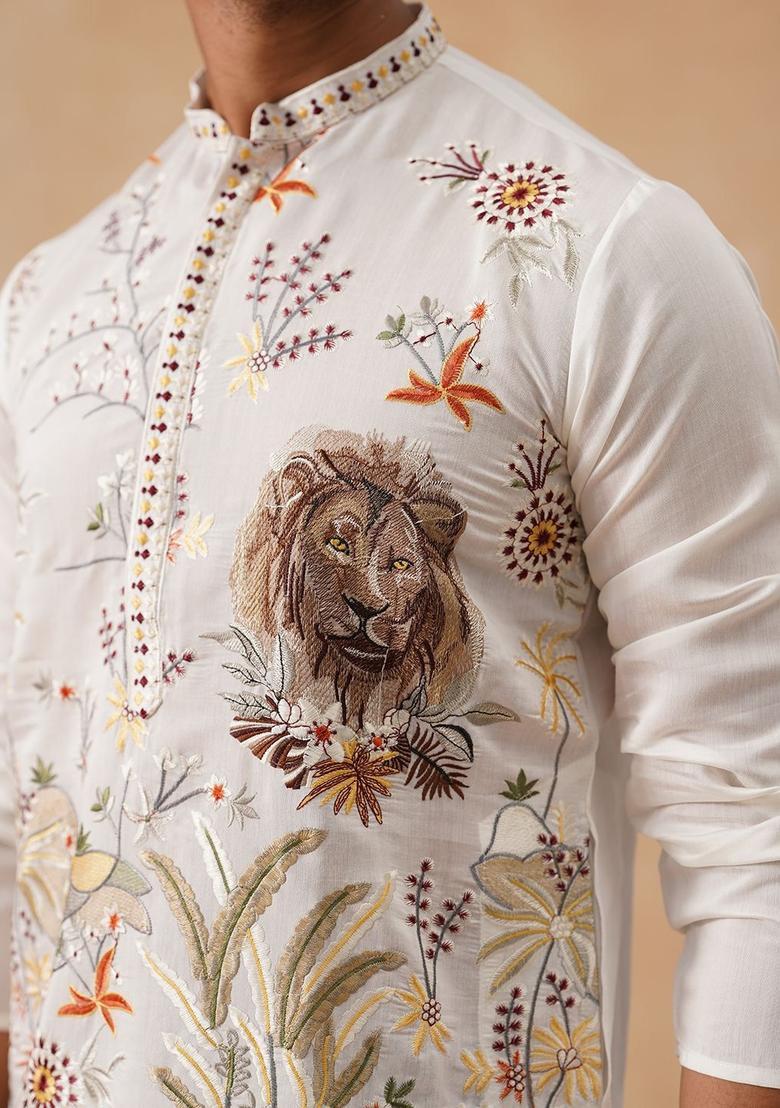 White Woven Design Cotton Kurta For Men - Indya