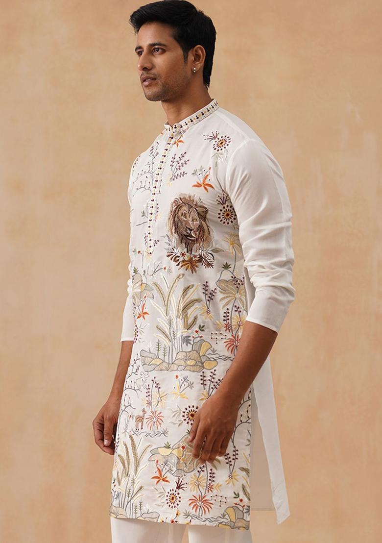 White Woven Design Cotton Kurta For Men - Indya