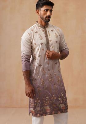 Purple Embroidered Silk Kurta For Men