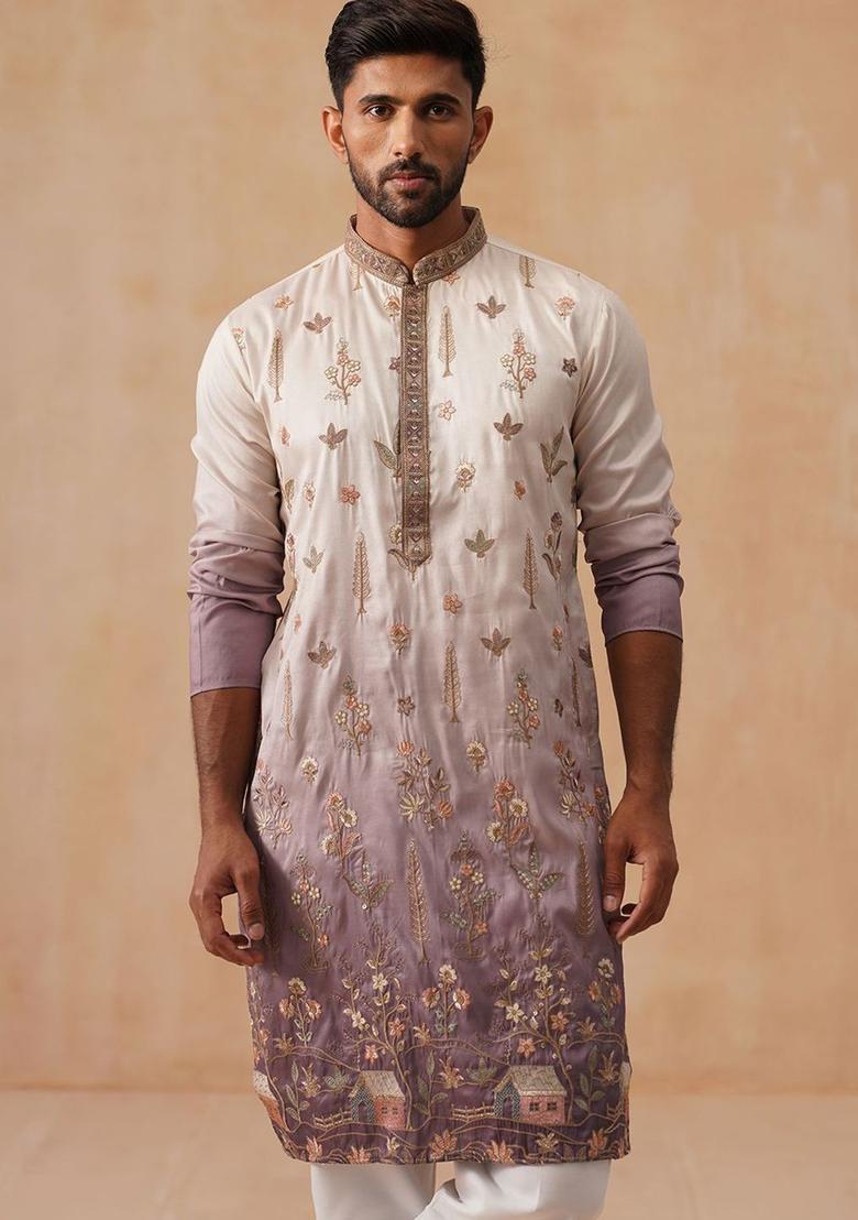 Purple Embroidered Silk Kurta For Men - Indya