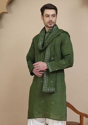 Olive Embroidered Silk Kurta With Dupatta For Men