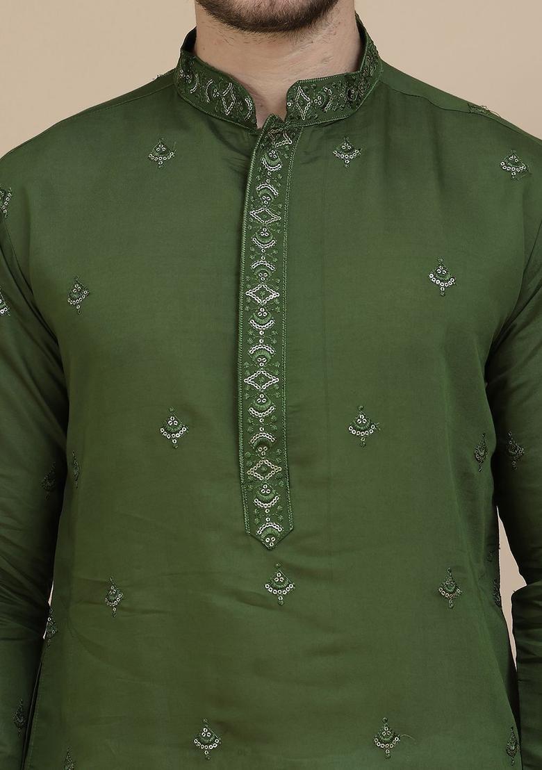 Olive Embroidered Silk Kurta With Dupatta For Men - Indya