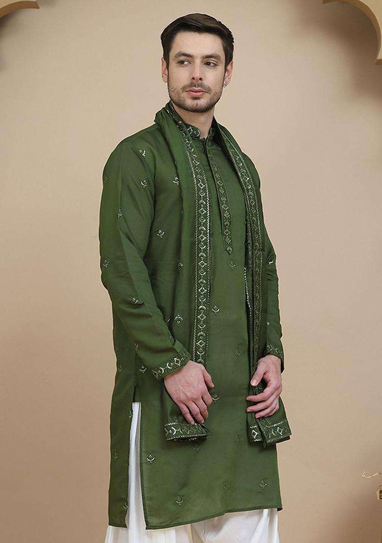 Olive Embroidered Silk Blend Kurta With Dupatta For Men - Indya