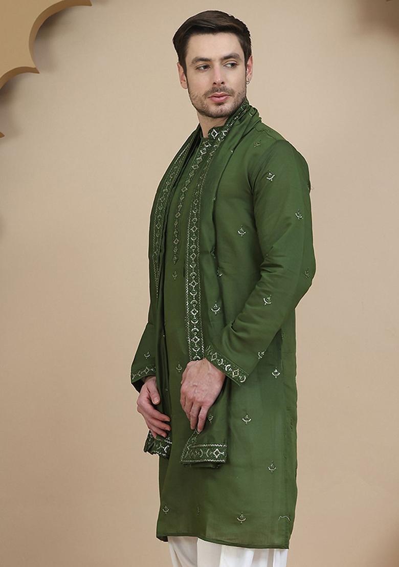 Olive Embroidered Silk Kurta With Dupatta For Men - Indya