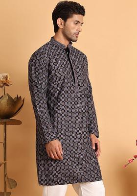Grey Embroidered Viscose Kurta For Men