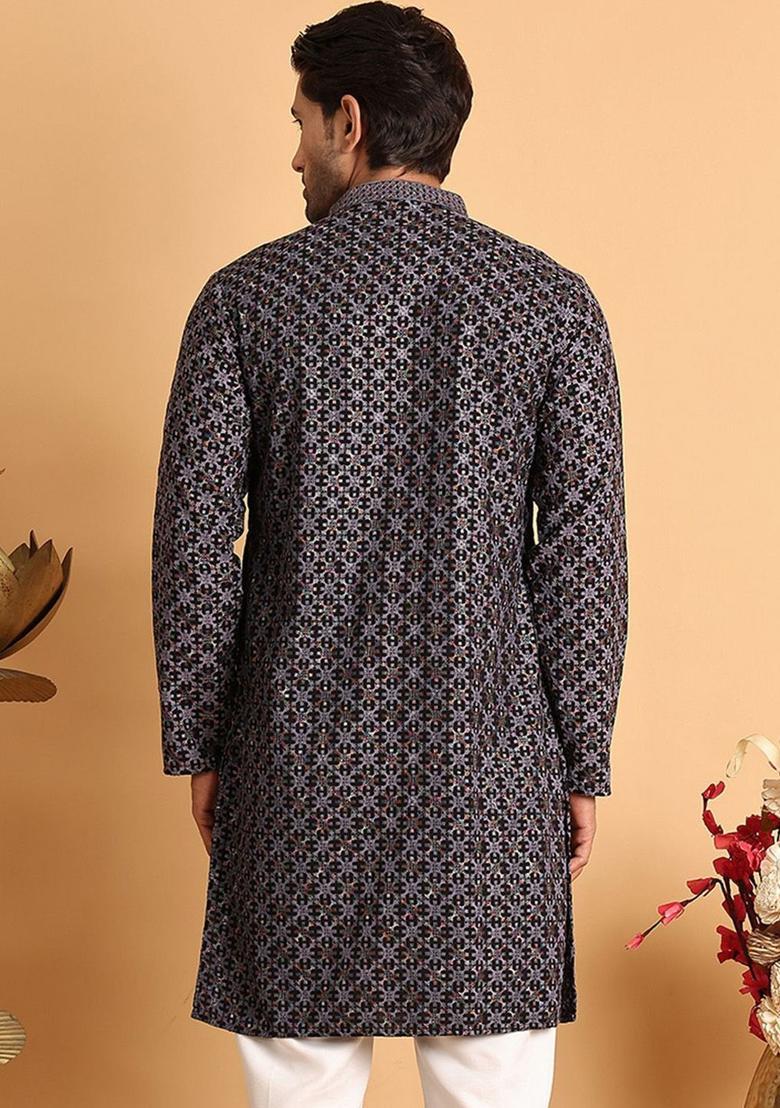 Grey Embroidered Viscose Kurta For Men - Indya