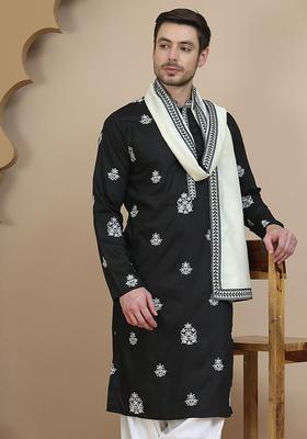 Black Embroidered Silk Kurta With Dupatta For Men