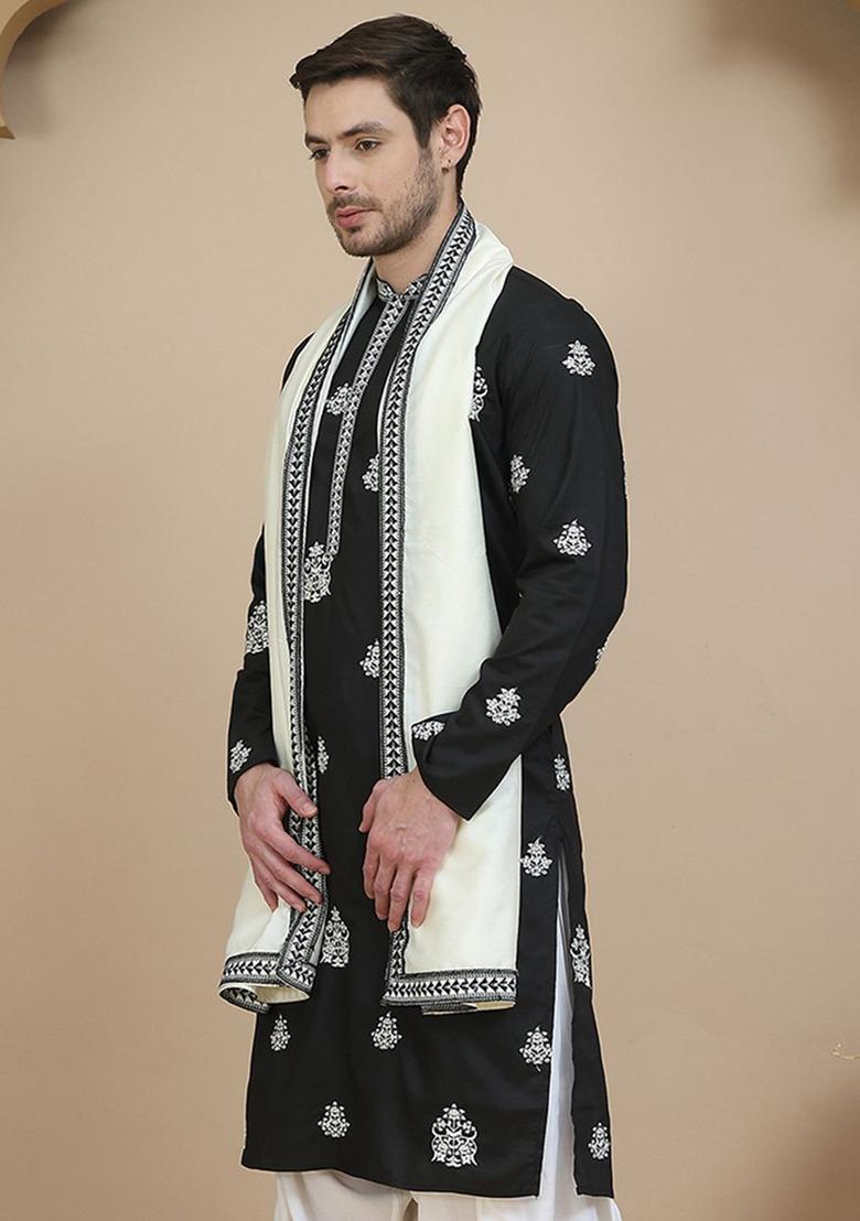 Black Embroidered Silk Kurta With Dupatta For Men - Indya