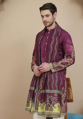 Purple Printed Silk Kurta With Dupatta For Men