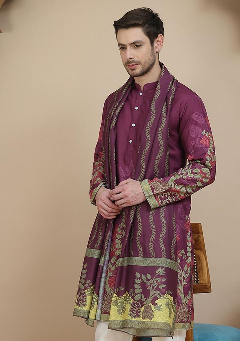 Purple Printed Silk Kurta With Dupatta For Men - Indya
