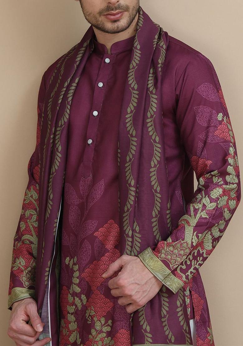 Purple Printed Silk Kurta With Dupatta For Men - Indya