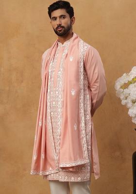 Peach Embroidered Silk Kurta For Men