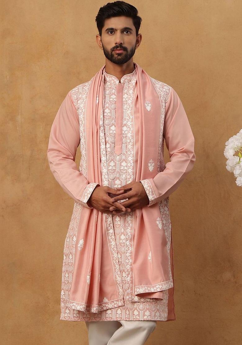 Peach Embroidered Silk Kurta For Men - Indya