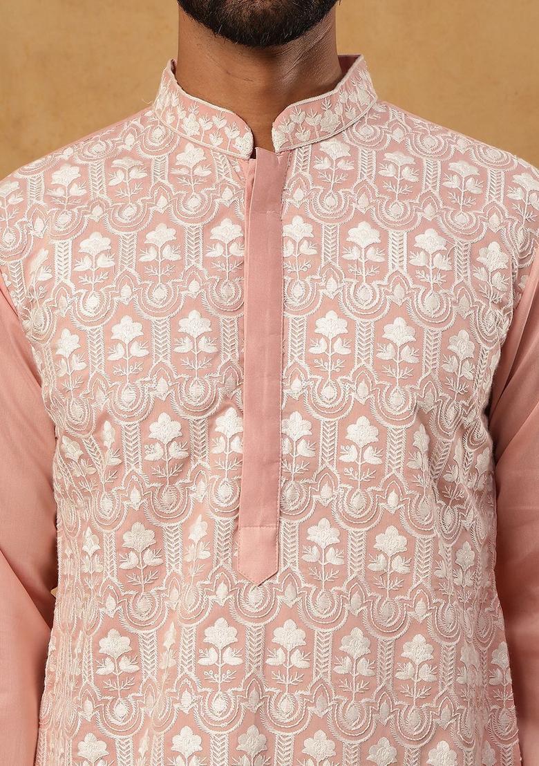 Peach Embroidered Silk Kurta For Men - Indya