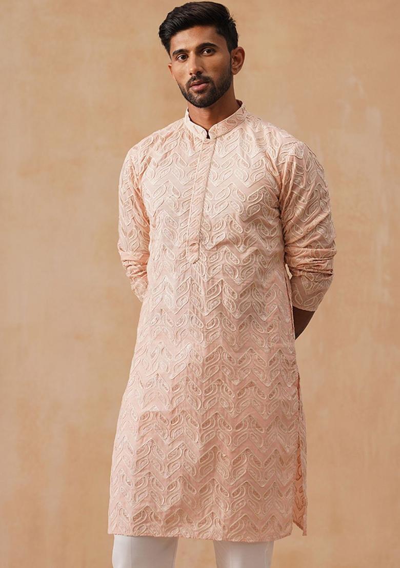 Peach Embroidered Silk Kurta For Men - Indya