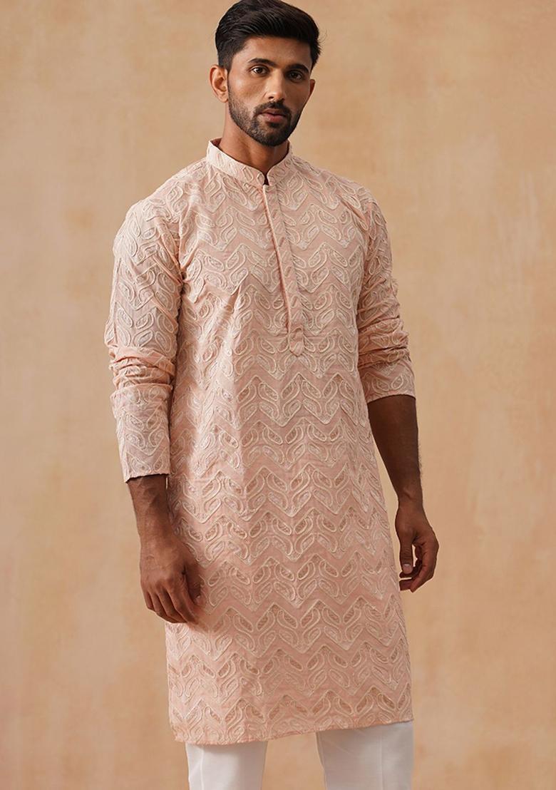 Peach Embroidered Silk Kurta For Men - Indya