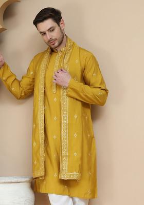 Yellow Embroidered Silk Kurta With Dupatta For Men