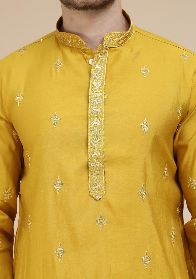 Yellow Embroidered Silk Kurta With Dupatta For Men - Indya