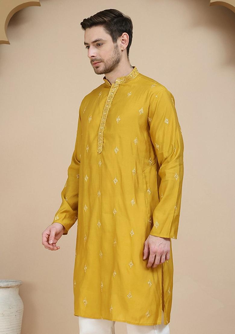 Yellow Embroidered Silk Kurta With Dupatta For Men - Indya