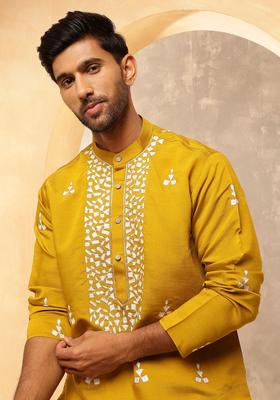 Yellow Embroidered Silk Kurta For Men