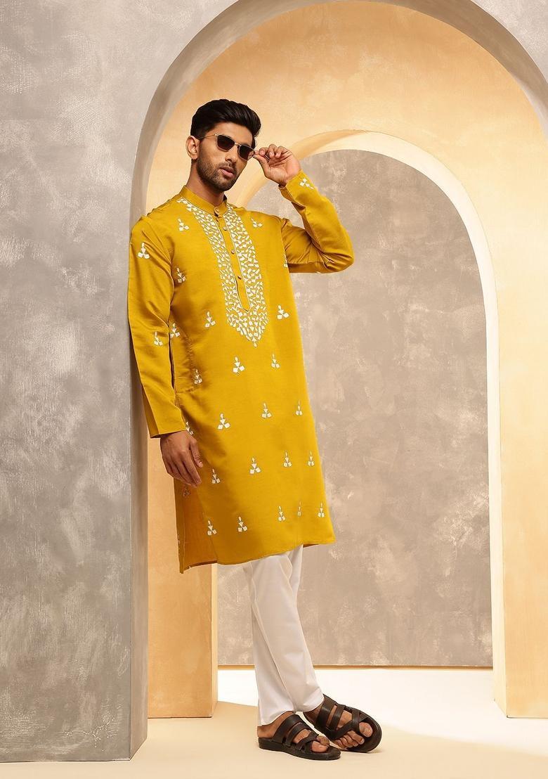 Yellow Embroidered Silk Kurta For Men - Indya