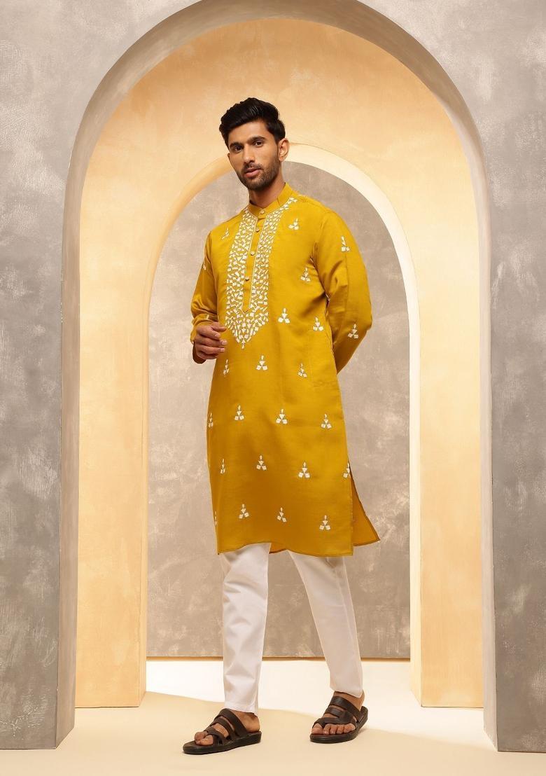 Yellow Embroidered Silk Kurta For Men - Indya