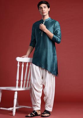 Blue Solid Polyester Kurta For Men