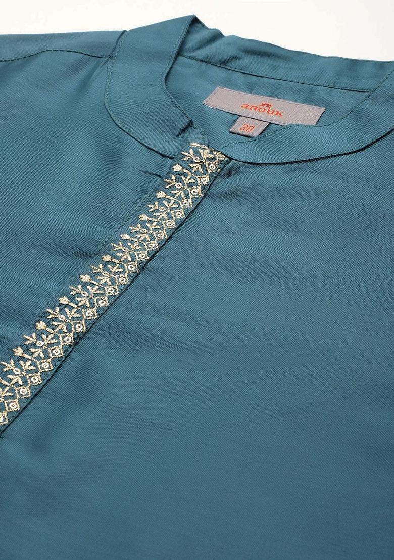 Blue Solid Polyester Kurta For Men - Indya
