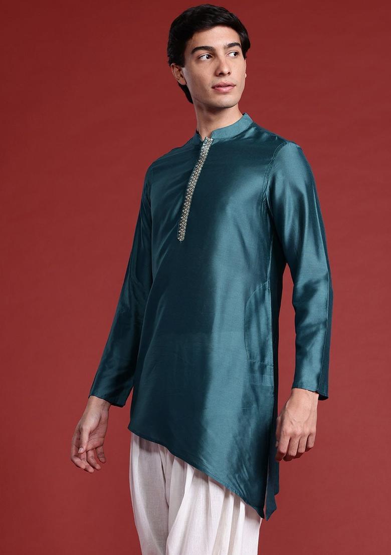 Blue Solid Polyester Kurta For Men - Indya