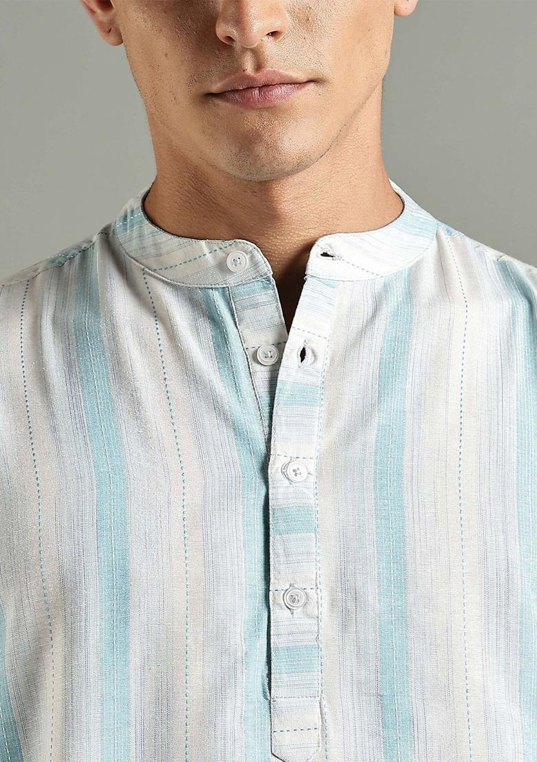 White Striped Blended Kurta For Men - Indya