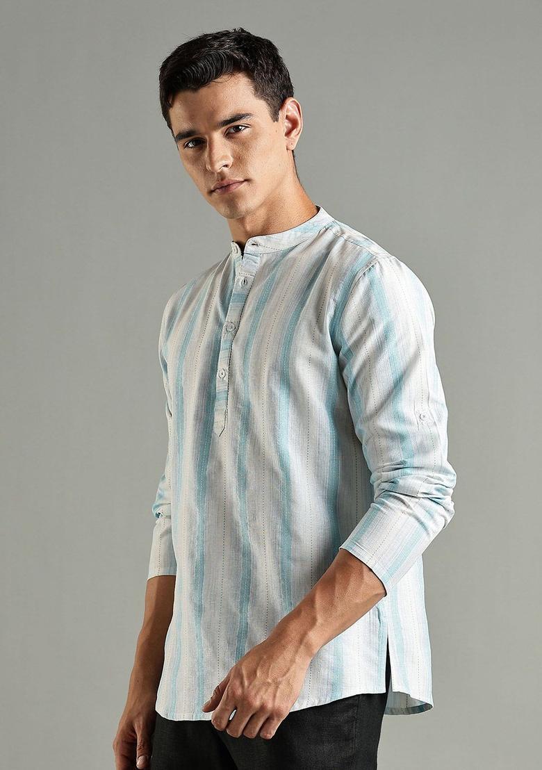 White Striped Blended Kurta For Men - Indya