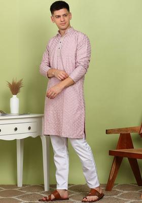 Pink Printed Viscose Kurta For Men