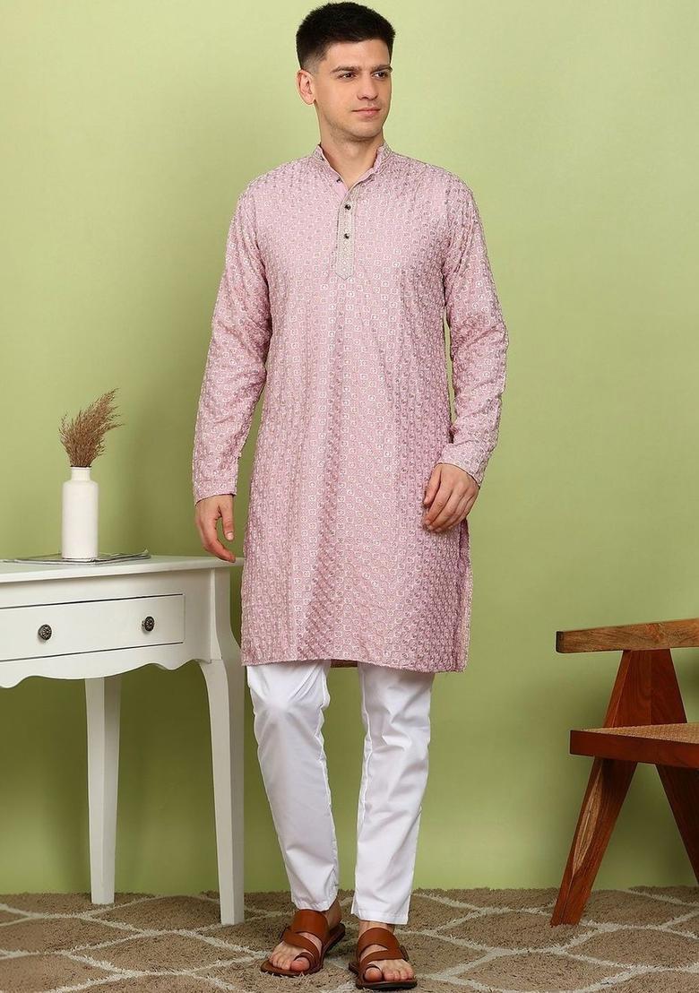 Pink Printed Viscose Kurta For Men - Indya