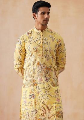 Yellow Embroidered Silk Kurta For Men