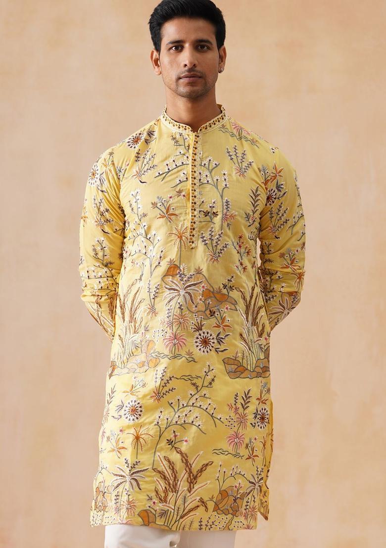 Yellow Embroidered Silk Kurta For Men - Indya