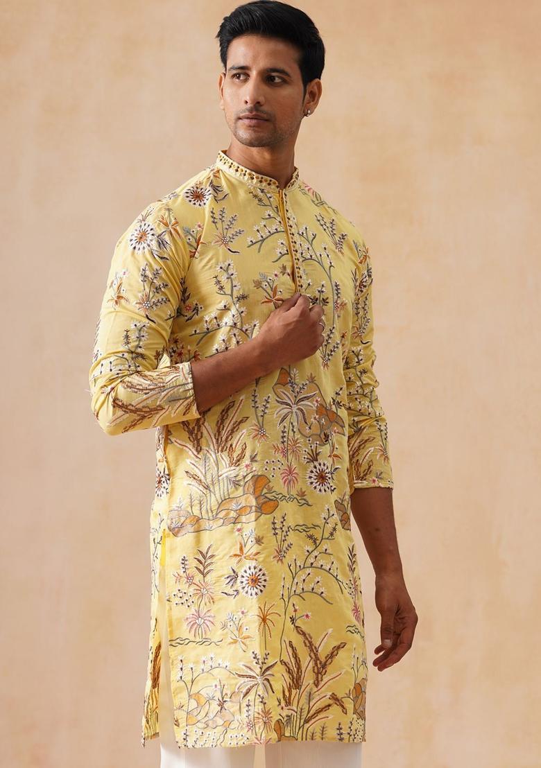 Yellow Embroidered Silk Kurta For Men - Indya