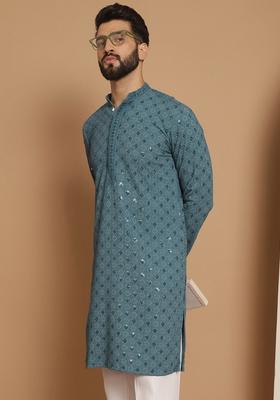Blue Woven Design Cotton Kurta For Men