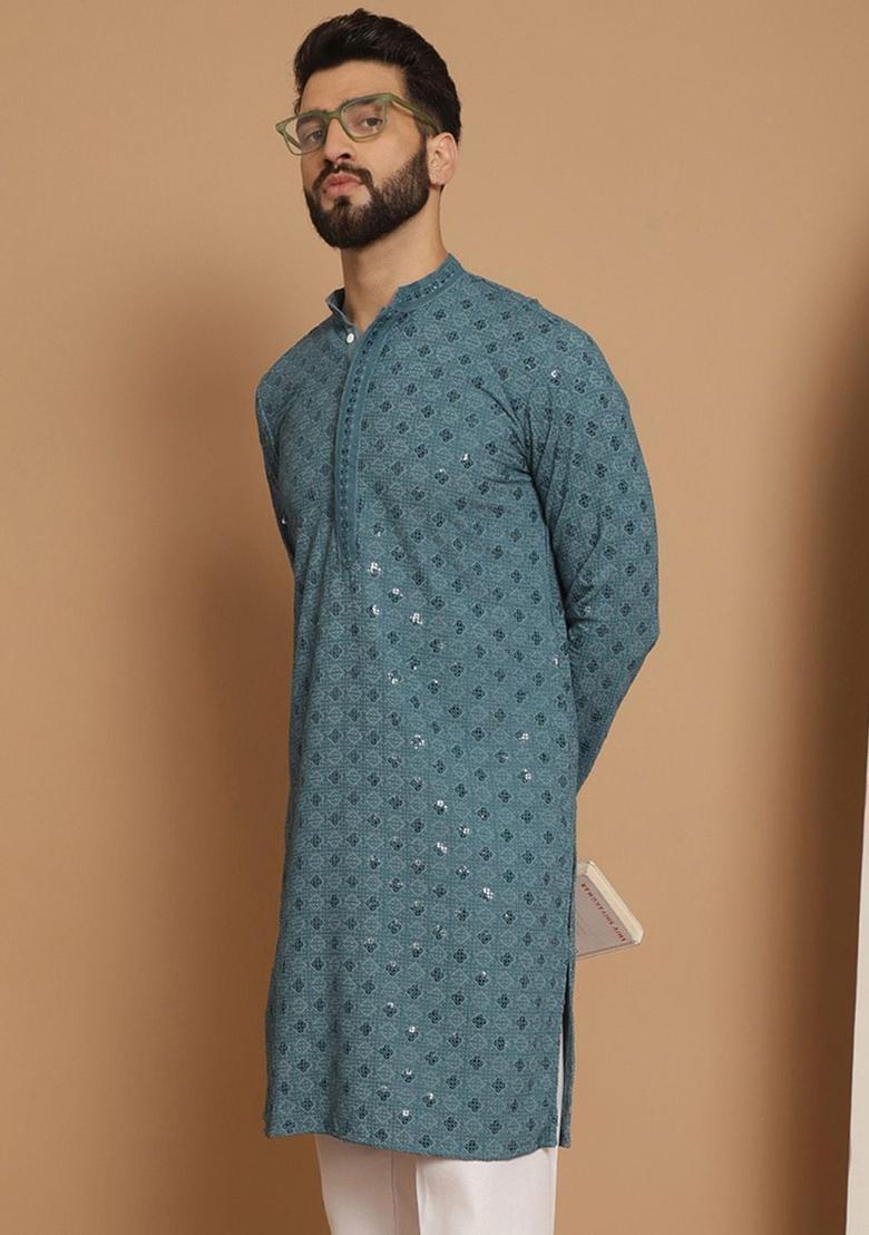 Blue Woven Design Cotton Kurta For Men - Indya