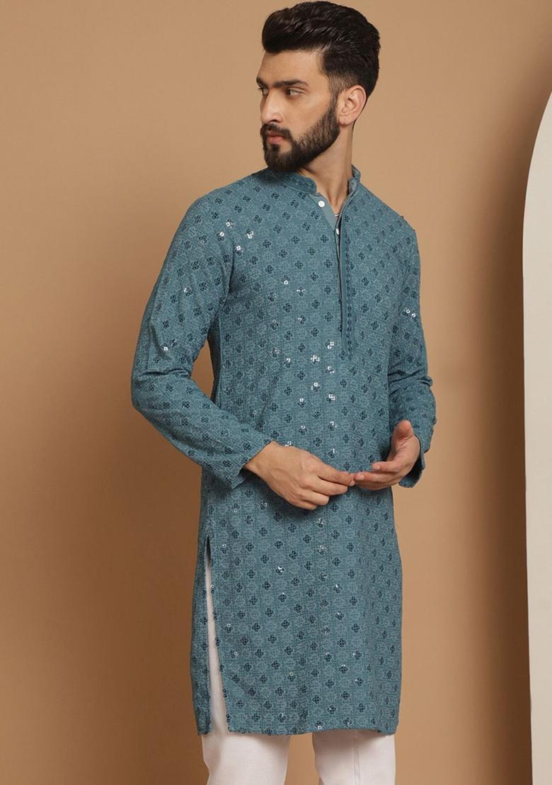 Blue Woven Design Cotton Kurta For Men - Indya