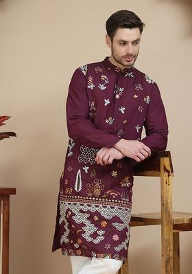 Purple Embroidered Silk Kurta For Men