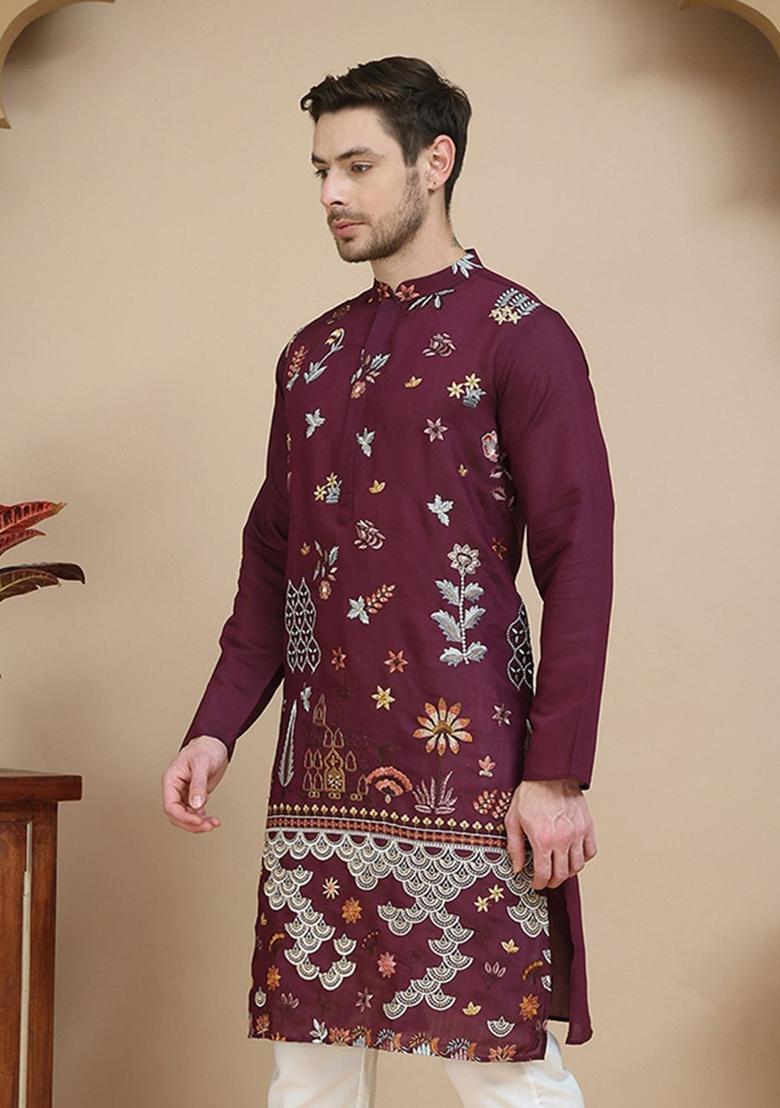 Purple Embroidered Silk Kurta For Men - Indya