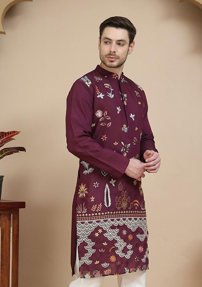 Purple Embroidered Silk Kurta For Men - Indya
