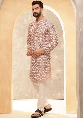 Peach Embroidered Silk Kurta For Men